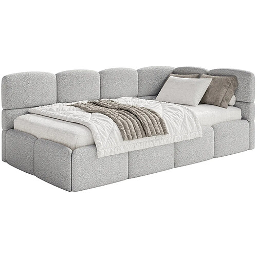 SELSEY - Lit ado CLOUDY – avec matelas & coffre – Maille bouclée – Gris clair – Tête de lit à droite – 120x200 cm