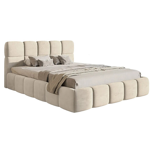 SELSEY - Lit rembourré avec coffre CLOUDY – Velours – Beige clair – 120x200 cm