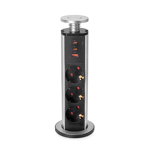 Emuca 5021825 Colonne multiprise rétractable - 3 Schuko - USB-A + 2 USB-C - Gris métal
