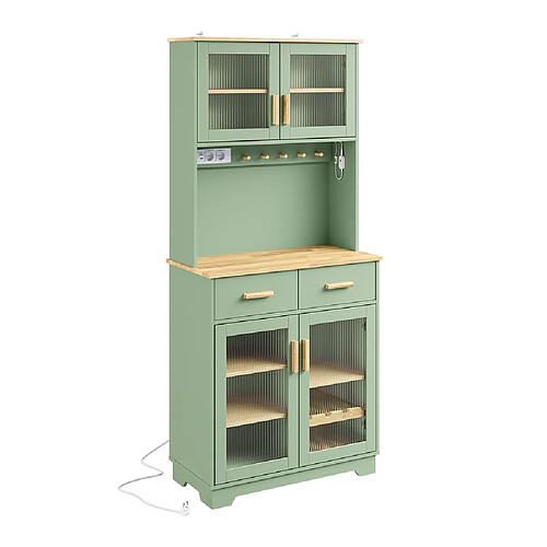 SoBuy Credence avec portes vitrées, prise USB et plan bois vert clair 78x38x180