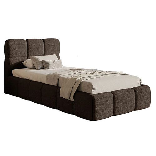 SELSEY - Lit rembourré avec coffre CLOUDY – Maille bouclée – Marron – 90x200 cm