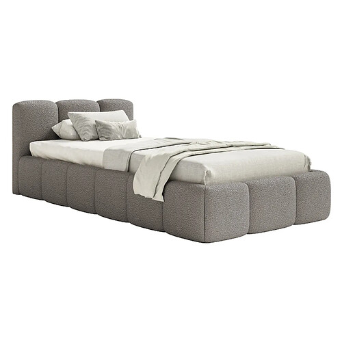 SELSEY - Lit rembourré avec coffre CLOUDY LOW – Maille bouclée – Gris – 90x200 cm