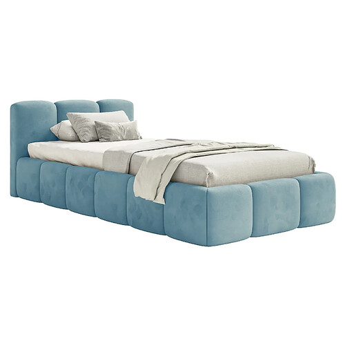 SELSEY - Lit rembourré avec coffre CLOUDY LOW – Velours – Bleu clair – 90x200 cm