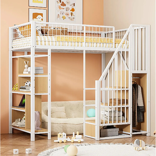 Lit Mezzanine Modenvie 90x200 cm avec rangement et escalier de rangement blanc