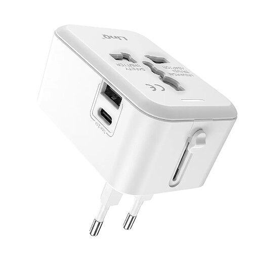 LinQ Adaptateur Multiprise International Universel 2000W avec 1 USB et USB-C Blanc
