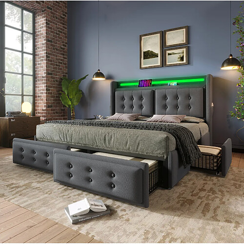 Lit Double 140x200 cm Modenvie avec LED USB et 4 tiroirs de rangement Gris