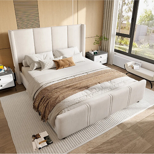 Lit Double 140x200 cm Modenvie avec USB et tête de lit haute beige