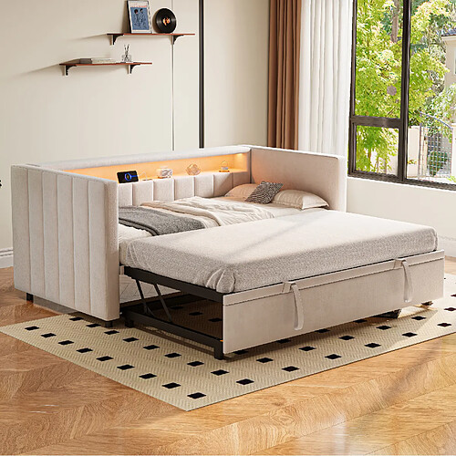 Lit gigogne Modenvie 90x190 cm avec LED et USB-C en velours beige