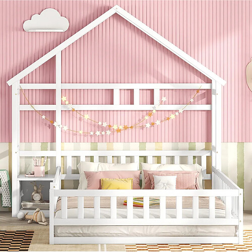 Lit Enfant Cabane 140x200 cm Modenvie avec barrière et chevet Blanc