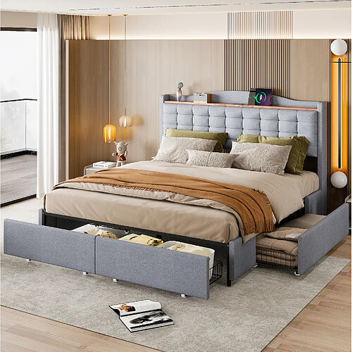 Lit Double 160x200 cm - Modenvie - USB et 4 tiroirs - tissu gris