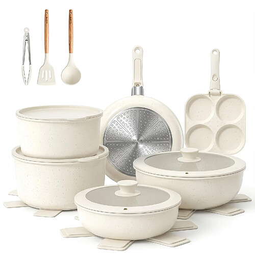 YASHE Batterie de cuisine, 20 pièces, poignées amovibles, blanche
