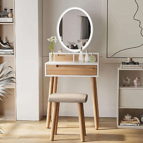 Coiffeuse - Puluomis - Miroir de maquillage tricolore - tabouret de coiffeuse en bois - 61x40x145cm - Blanc