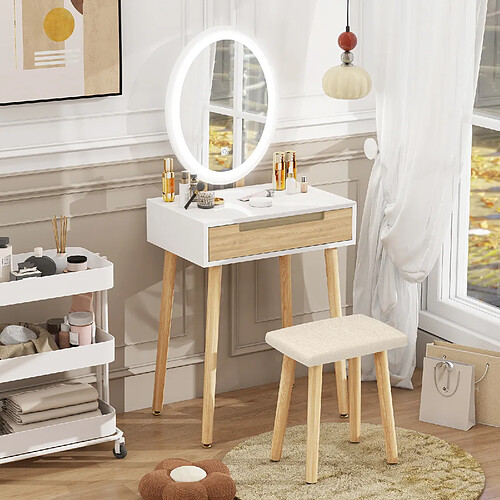 Coiffeuse - Puluomis - Miroir de maquillage LED - Tabouret de maquillage en bois - 1 grand tiroir - Naturel