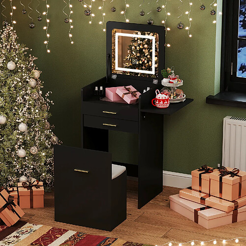 Coiffeuse 3 en 1 - Puluomis - Bureau rabattable - Miroir de maquillage rétroéclairé tricolore - Tabouret de maquillage - 50x44.5x133cm - Noir