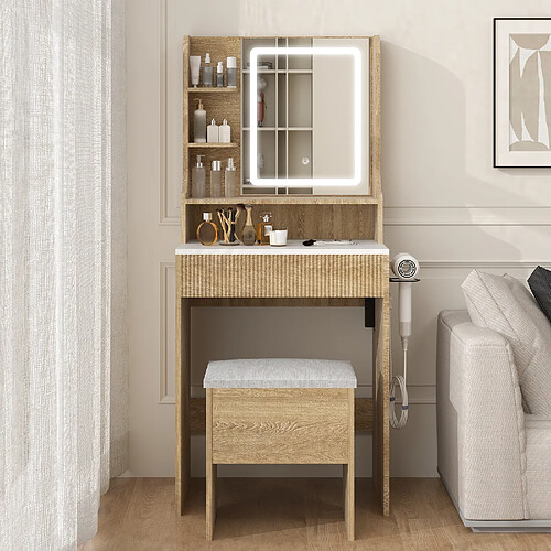 Coiffeuse - Puluomis - Miroir de maquillage LED - étagères latérales, multiprise USB, tabouret coffre rembourré - 60 x 40 x 139 cm