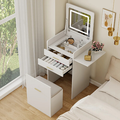 Coiffeuse - Puluomis - Miroir de maquillage - Plateau rabattable - Tabouret de maquillage avec rangement - 50x44.5x133cm - Blanc