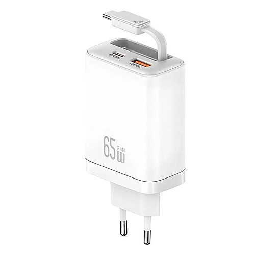 Usams Chargeur GaN 65W 2 Ports USB PD et PPS avec Câble Rétractable USB-C Rapide Blanc