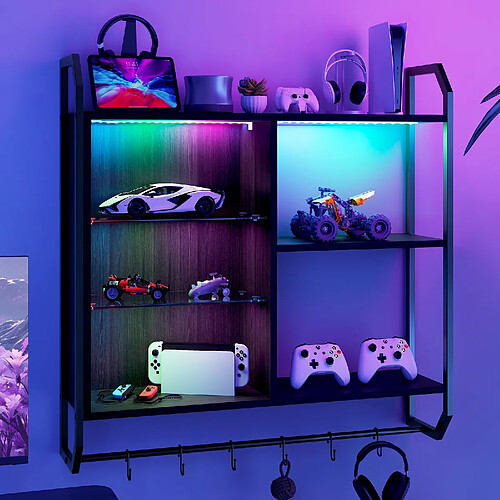 Vitrine murale RGB LED - Puluomis - étagères verre modulables, cadre métal, crochets suspendus - 82,5x80x21,5cm - noir
