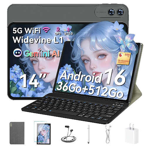 VANWIN Tablette Tactile 14" Grand Format–Puissance Snapdragon® 888–Android 16–36Go RAM + 512Go ROM