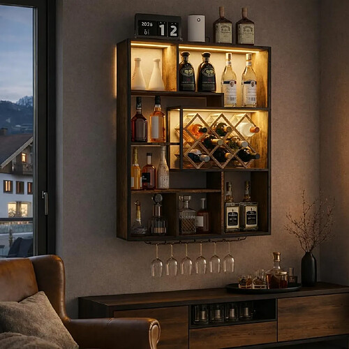 Vitrine murale à vin RGB APP - Puluomis - verre trempé réglable, casier à vin pliable, support à verres suspendus