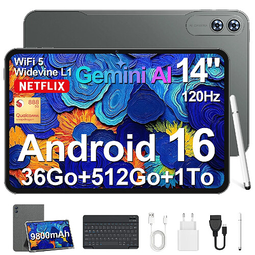 VANWIN Tablette Tactile 14" Grand Format–Puissance Snapdragon® 888–Android 16–36Go RAM + 512Go ROM