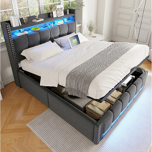 MIVRAY Lit coffre adulte 140x200 cm lit double avec fond, LED, USB et rangement, lin, gris