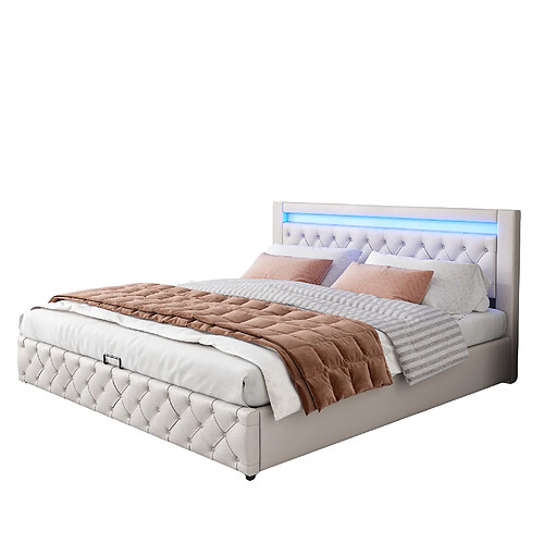 MIVRAY Lit coffre adulte 160x200 cm lit double avec rangement et LED, PU blanc