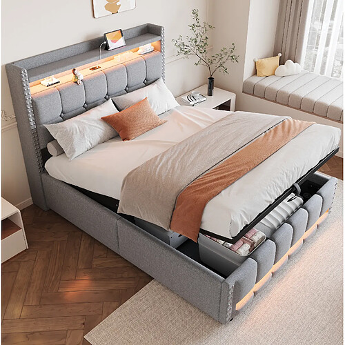MIVRAY Lit coffre adulte 140x200 cm lit double avec fond, LED, USB et rangement, lin, gris clair