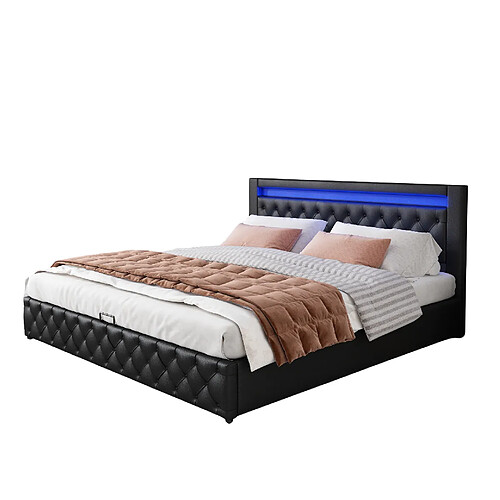 MIVRAY Lit coffre adulte 160x200 cm lit double avec rangement et LED, PU noir