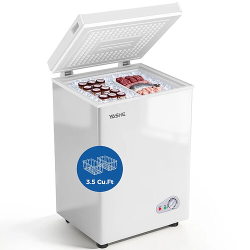 YASHE Congélateur coffre, 100 L, 2 paniers, 45 dB, blanc