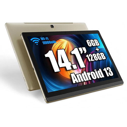 Tablette 14,1" Meswao Android 13, 10000 mAh 15W, 6 Go -128 Go, Caméras 13 MP + 5 MP, Wi-Fi et Bluetooth, USB Type-C, Or