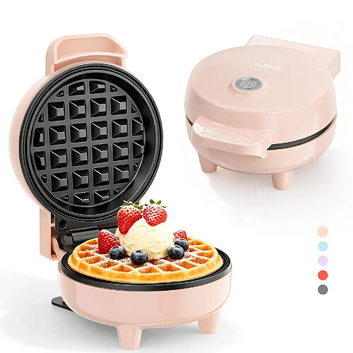 YASHE Mini gaufrier, 550 W, plaque 10 cm, antiadhésif, voyant, rose