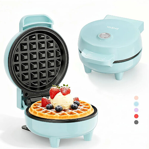 YASHE Mini gaufrier, 550 W, plaque 10 cm, antiadhésif, voyant, bleu