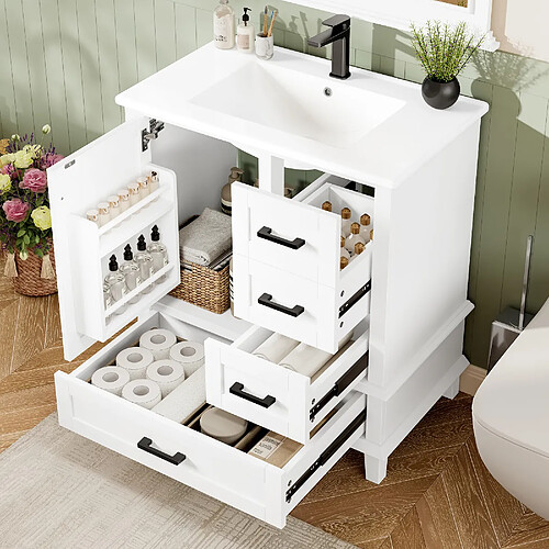 MIVRAY Meuble vasque sur pied 76x46x83,5 cm avec lavabo céramique, 3 tiroirs, 1 porte, MDF, blanc