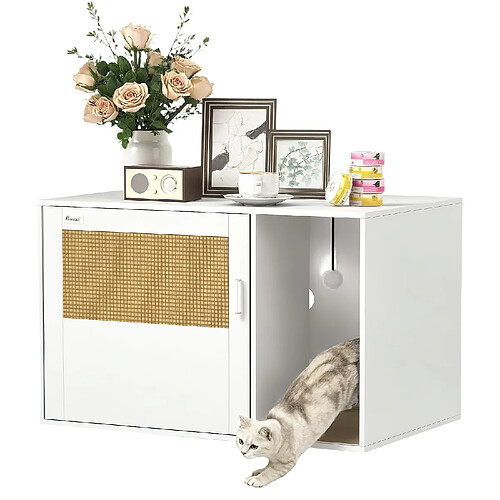 Maison de Toilette Chat, Meuble litière pour Chat, Tapis griffoir, Porte avec poignées, Sty