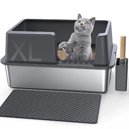 XXL Bac à Litière Chat en INOX 37L, Grande Capacité Anti-Fuite à Bords Hauts avec Entrée La