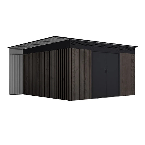 Wasabi Abri de Jardin Extérieur 13,2 m² Robin t1 – Finition effet bois premium – Range-bûches latéral – Portes coulissantes