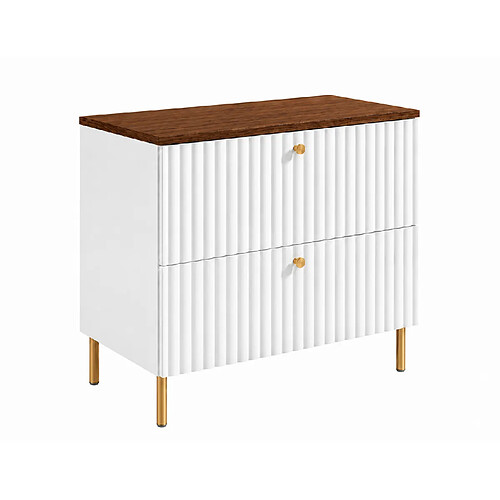 3XELIVING Meuble de salle de bain 80 cm, Blanc, plan chêne Noyer, poignées dorées, pieds Ronda
