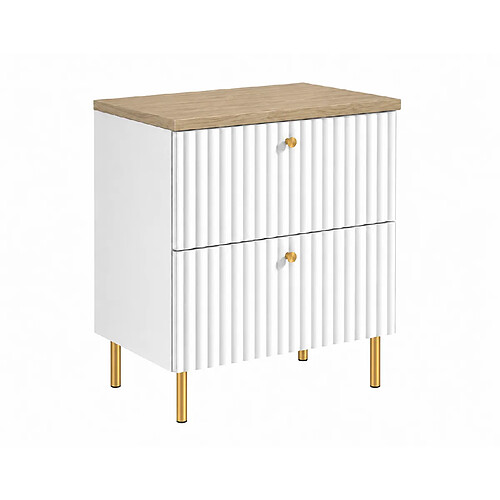 3XELIVING Meuble de salle de bain 60 cm, Blanc, plan chêne clair, poignées dorées, pieds Ronda