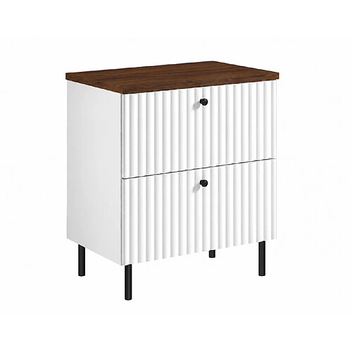 3XELIVING Meuble de salle de bain 60 cm, Blanc, plan chêne Noyer, poignées noires, pieds Ronda
