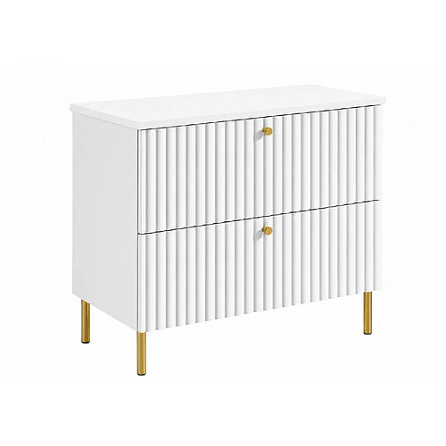 3XELIVING Meuble de salle de bain 80 cm, Blanc, plan blanc, poignées dorées, pieds Ronda
