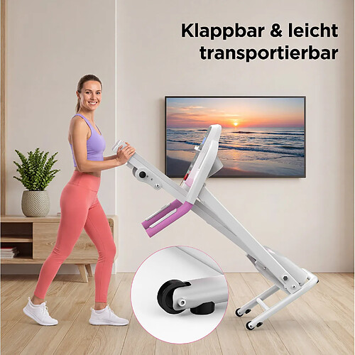 MIVRAY Tapis de course pliable avec poignées, blanc et rose