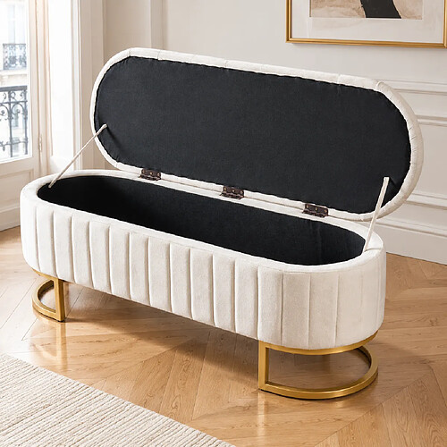 Rolipo Banc coffre velours beige 120 cm avec rangement intégré, assise rembourrée pour chambre salon entrée