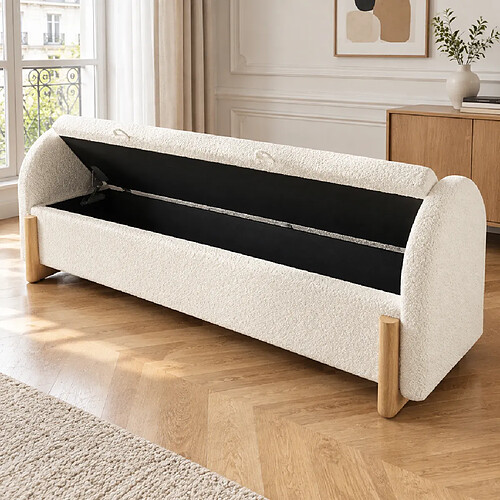 Rolipo Grand banc coffre blanc 186 cm avec rangement hydraulique, assise rembourrée en tissu bouclé