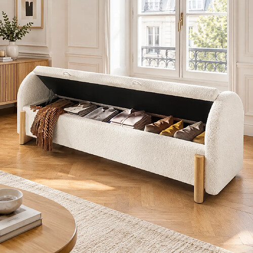 Rolipo Banc bout de lit blanc 166 cm avec coffre rangement hydraulique, tissu chenille bouclette et pieds bois