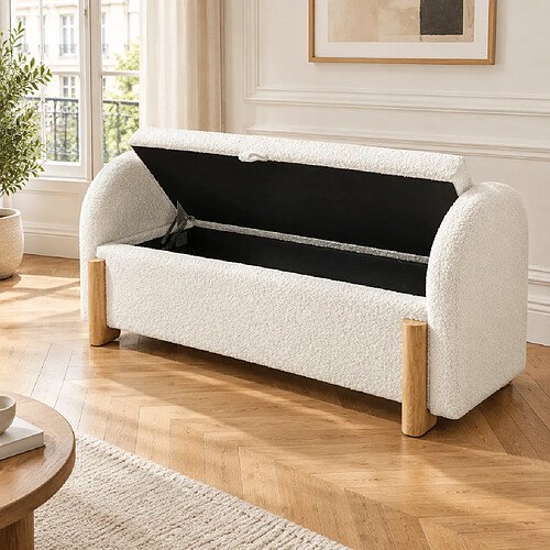 Rolipo Banquette coffre blanche 106 cm en chenille bouclette avec rangement hydraulique et assise rembourrée