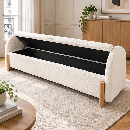 Rolipo Banc de lit blanc 146 cm avec coffre hydraulique, tissu chenille bouclé et rangement intégré