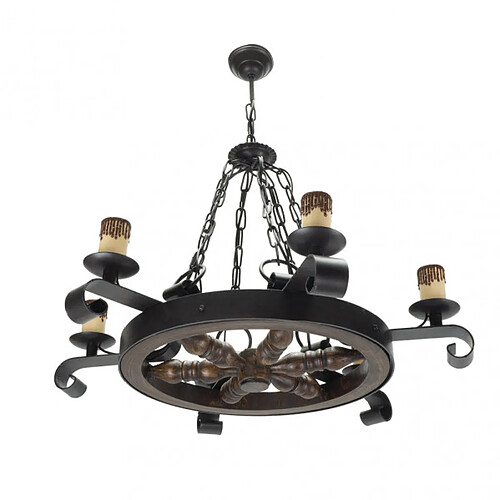 FABRILAMP Suspension Rueda marron rustique 6 E27 70 cm