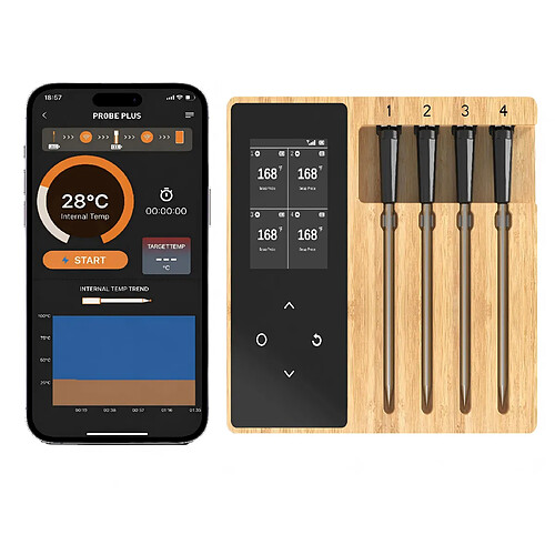 ByteLike Thermomètre à viande sans fil Bluetooth 4 sondes double capteur avec écran