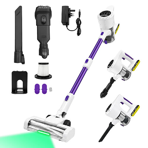 Sans Amarre Aspirateur sans fil 2-en-1, perche télescopique, éclairage vert LED, kit complet avec accessoires, chargeur européen, pour usage domestique et voiture